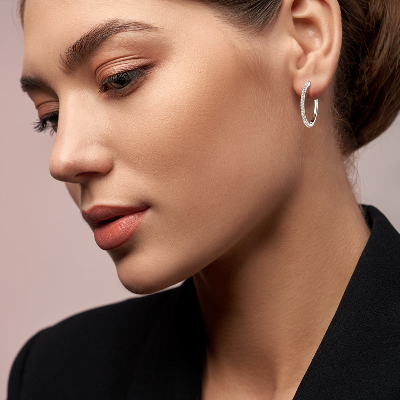 Earrings Half-Circle Drop C-Hoop in moissanite stone silver 925