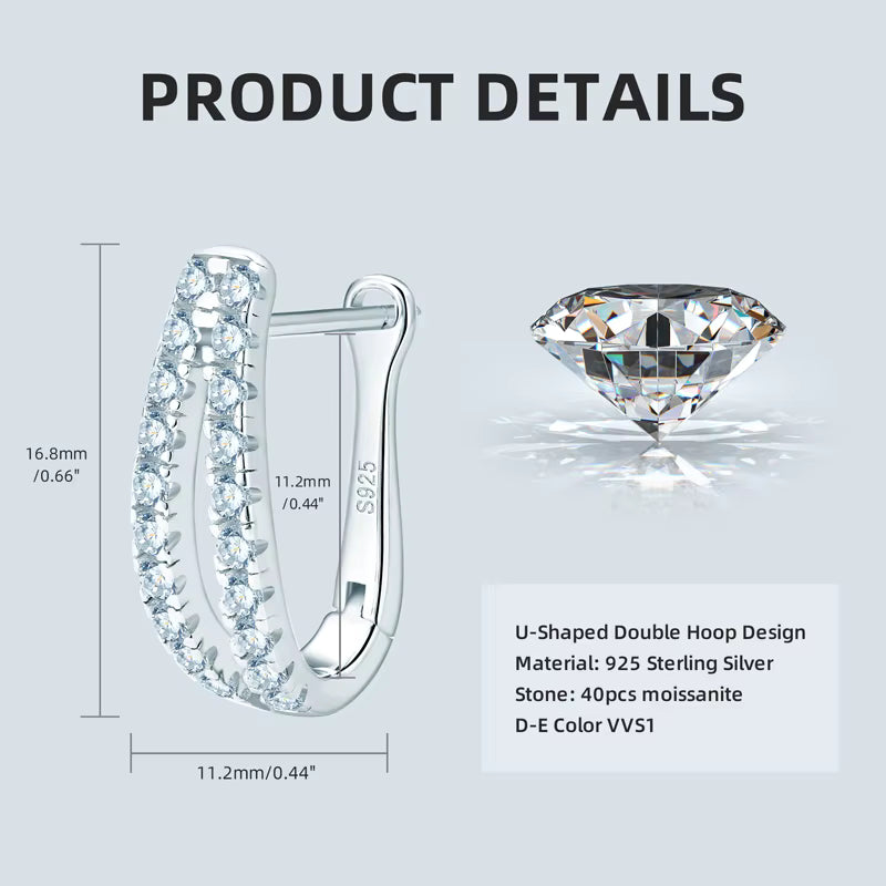 Earrings Double Row U-Hoop in moissanite stone silver 925