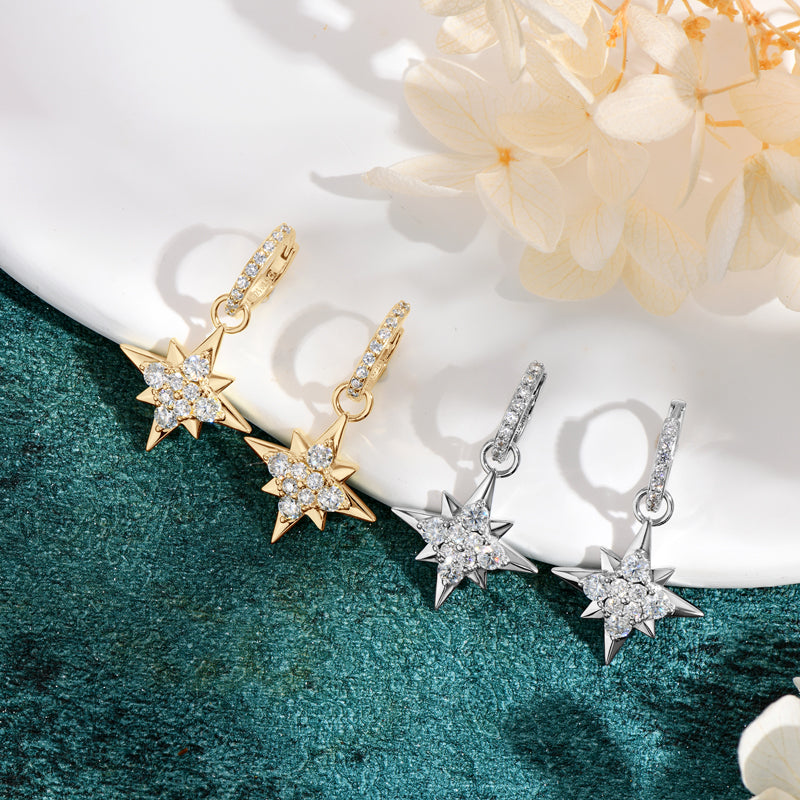 Earrings Star Drop Huggie in moissanite & zircon stone silver 925