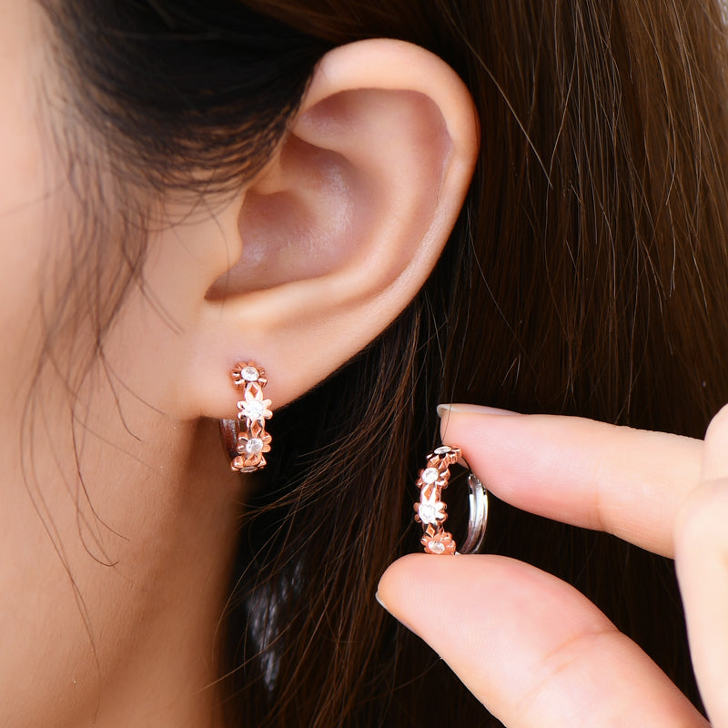 Earrings Delicate Flower Huggie in moissanite stone silver 925