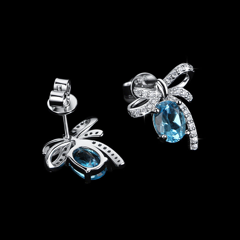 Blue Bow Oval Earrings in Moissanite & Natural Topaz + 925 Sterling Silver