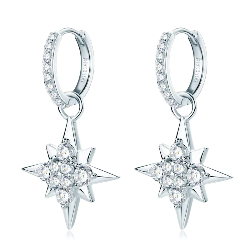 Earrings Star Drop Huggie in moissanite & zircon stone silver 925