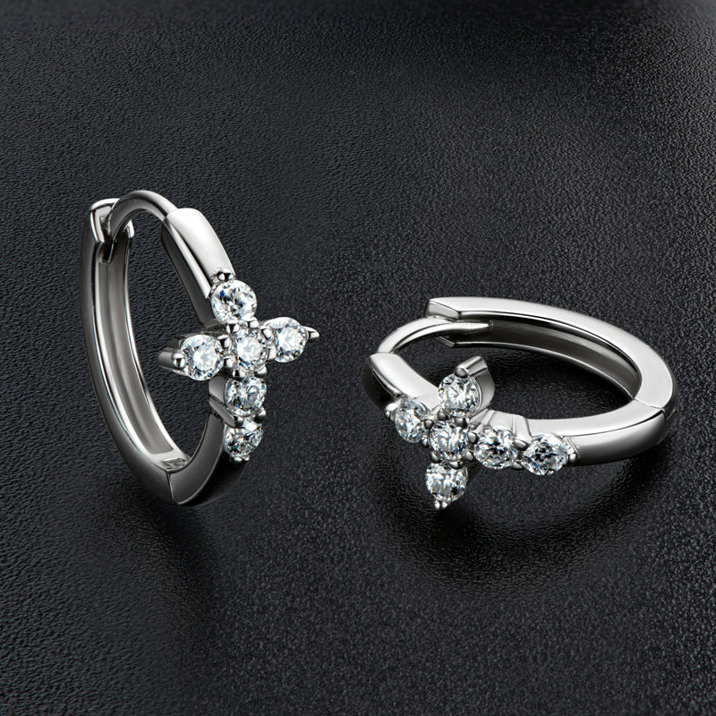 Earrings Cross Hoop in moissanite stone silver 925