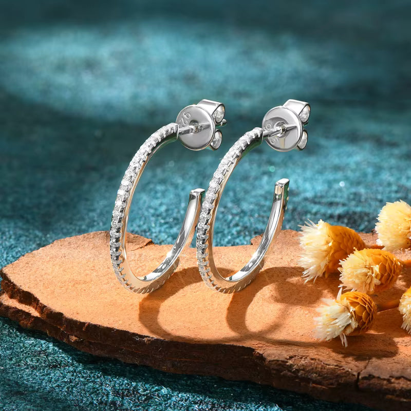 Earrings Half-Circle Drop C-Hoop in moissanite stone silver 925