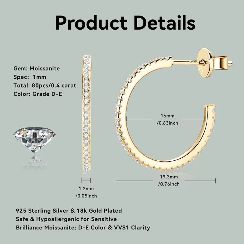 Earrings Half-Circle Drop C-Hoop in moissanite stone silver 925