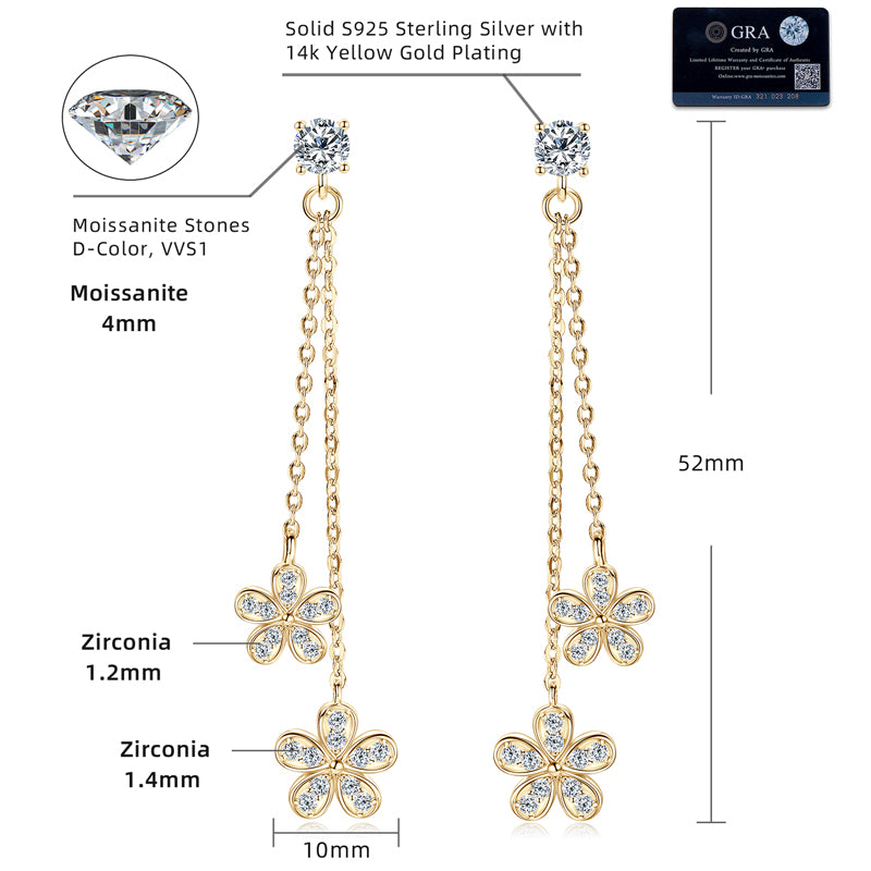 Earrings Sunflower Tassel in moissanite stone silver 925