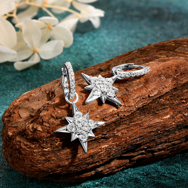 Earrings Star Drop Huggie in moissanite & zircon stone silver 925