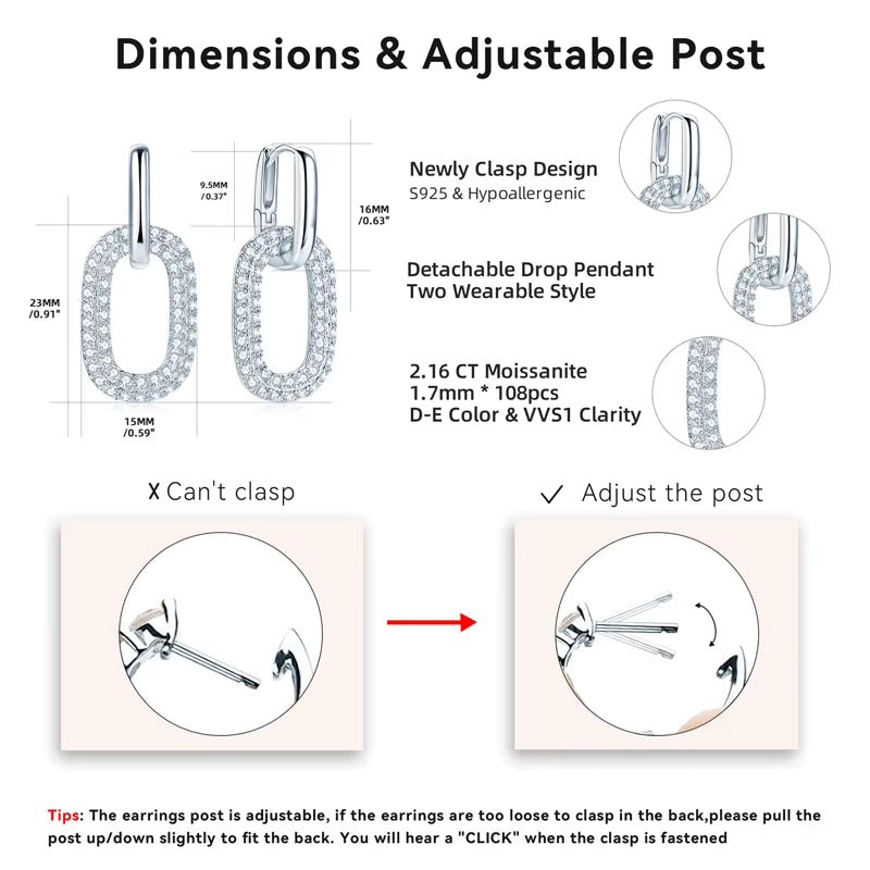 Earrings Paperclip Hoop in moissanite stone silver 925