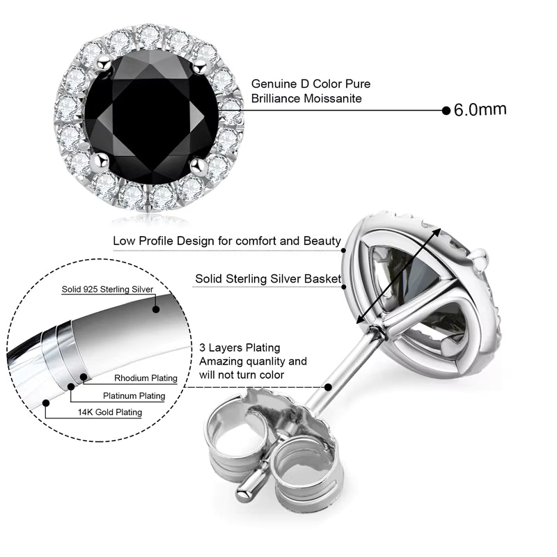 Earrings Classic Halo Round 6mm in moissanite stone silver 925