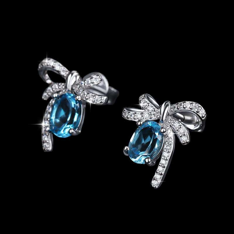 Blue Bow Oval Earrings in Moissanite & Natural Topaz + 925 Sterling Silver