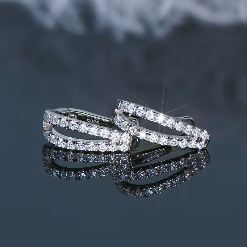 Earrings Double Row U-Hoop in moissanite stone silver 925