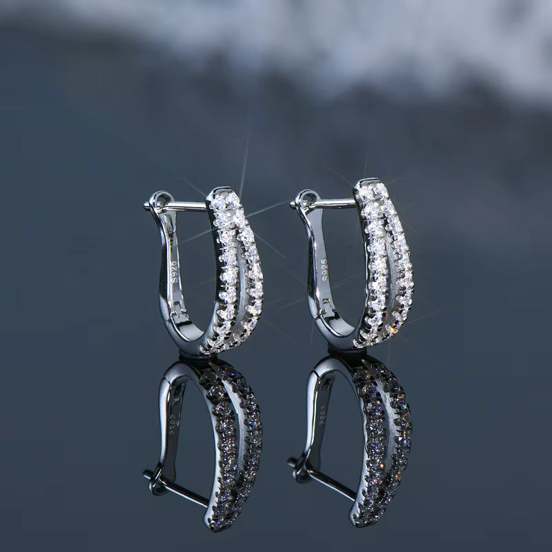 Earrings Double Row U-Hoop in moissanite stone silver 925