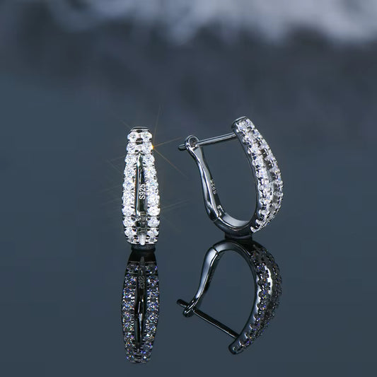 Earrings Double Row U-Hoop in moissanite stone silver 925