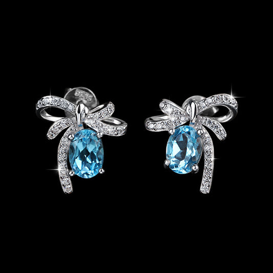 Blue Bow Oval Earrings in Moissanite & Natural Topaz + 925 Sterling Silver