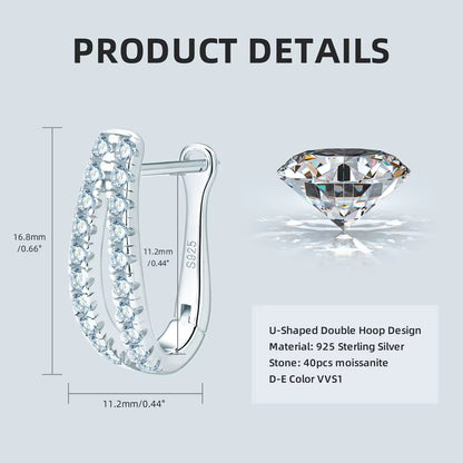Earrings Double Row U-Hoop in moissanite stone silver 925