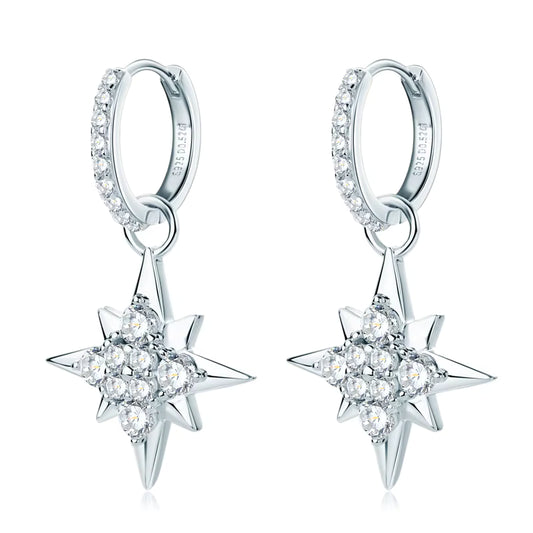 Earrings Star Drop Huggie in moissanite &amp; zircon stone silver 925