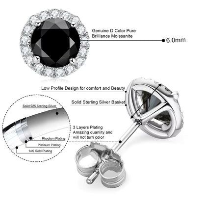 Earrings Classic Halo Round 6mm in moissanite stone silver 925